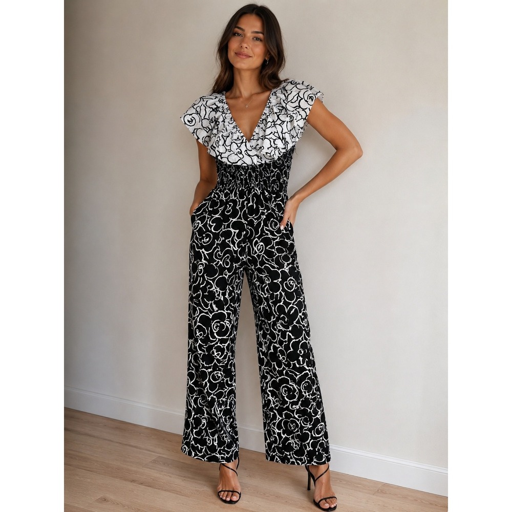 Andrew Downs Vintage Black White Floral Rose Smocked Jumpsuit Made in USA